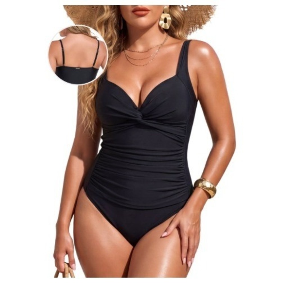 Relleciga One Piece Swimsuit Ruched Sleeveless Black Size Large NWT